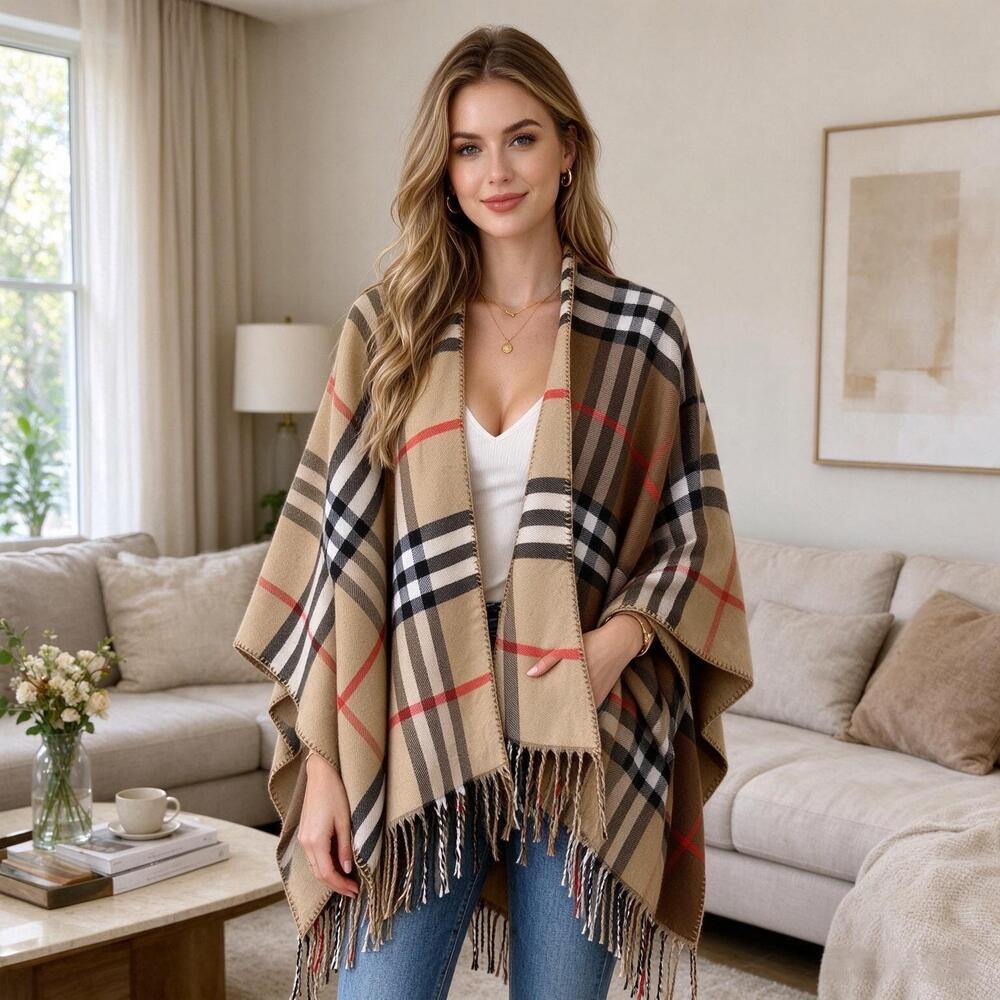 Burberry Reversible Classic Check Wool Cape Poncho Fringe
